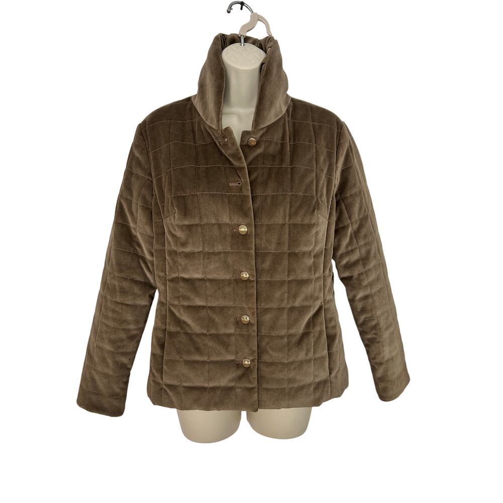 St John Sport by Marie Gray Quilted Puffer Jacket Brown Tan Velvet Size P Flaw - Picture 1 of 12